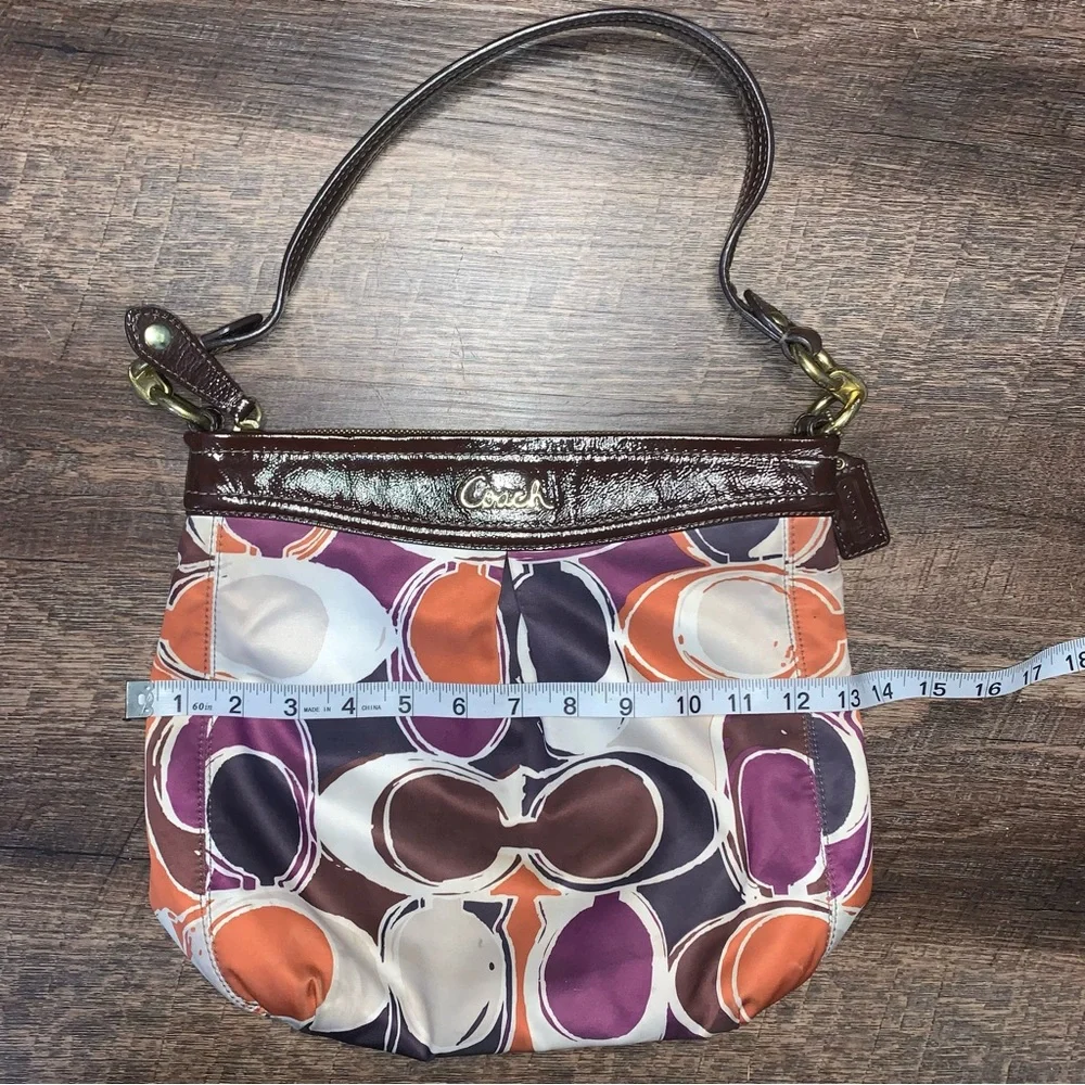 COACH Ashley Signature Satin Monogram Hobo Patent Leather Purse Purple Brown - Picture 2 of 11